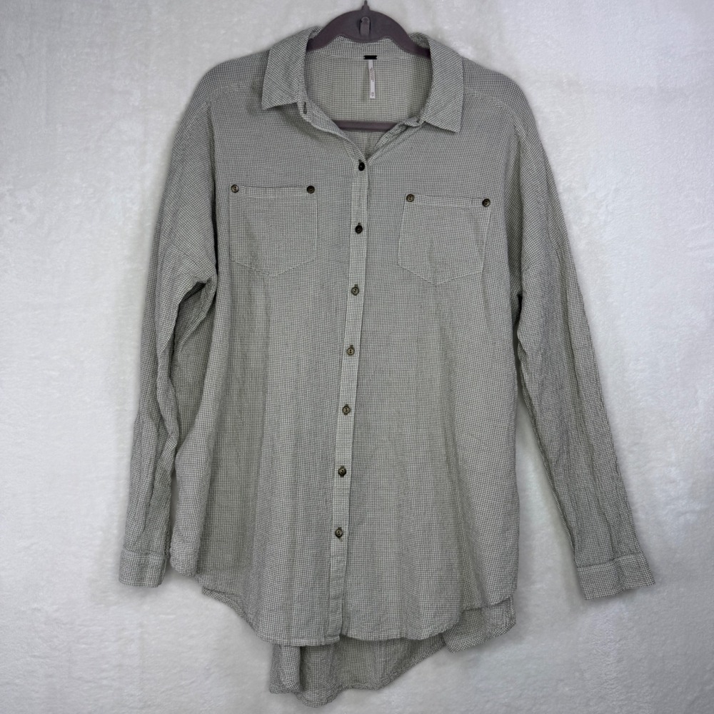 Free People Button Down‎ Shirt Womens XS Green/Grey Gingham Oversized Gauze Top